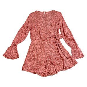 H&M Red Floral Long Sleeve Wrap Romper Womens Size 14 Boho Ruffle Hem